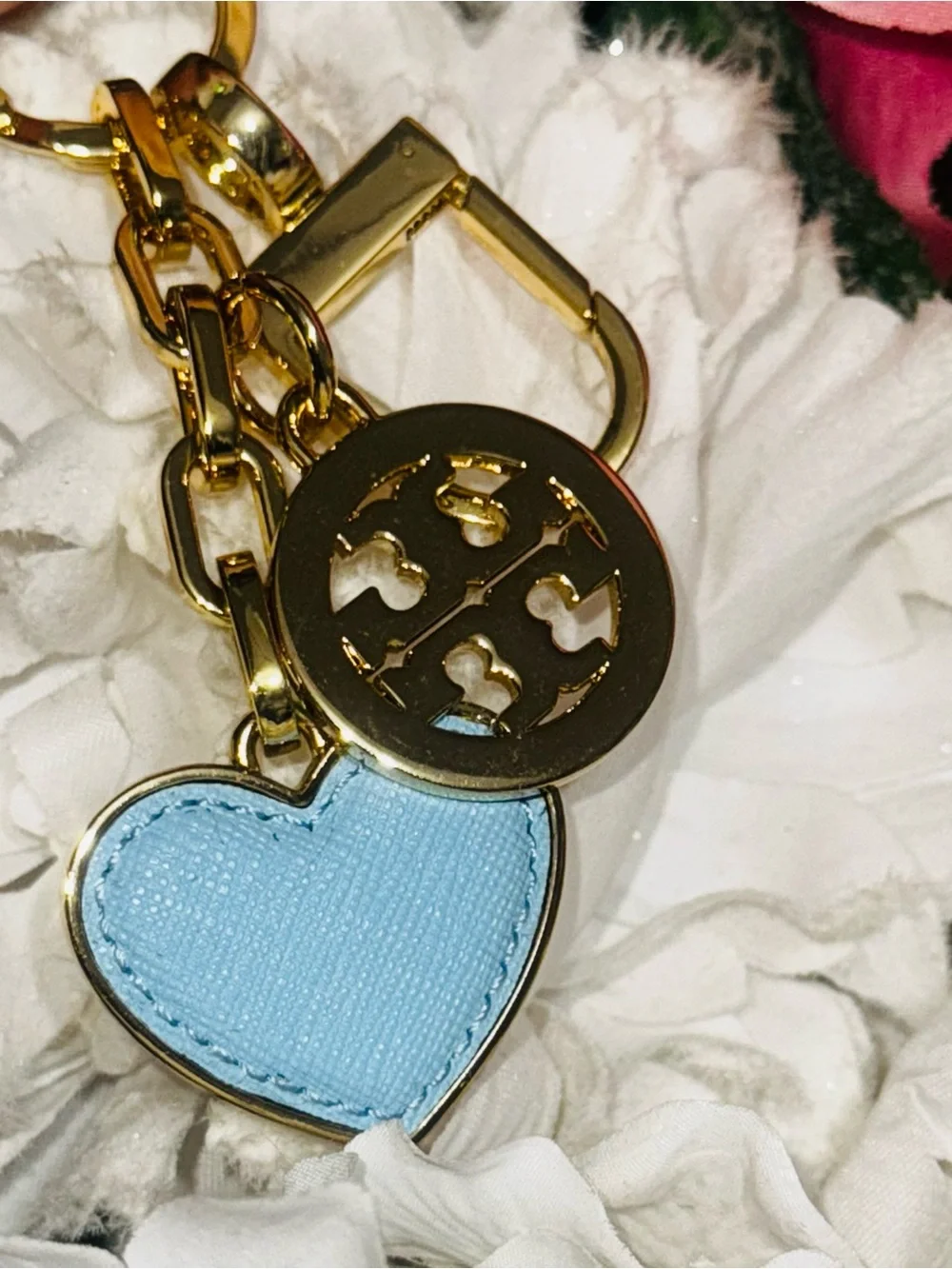 Tory Burch Gold Tone Key Ring with Light Blue Heart Charm NWOT Gift Box